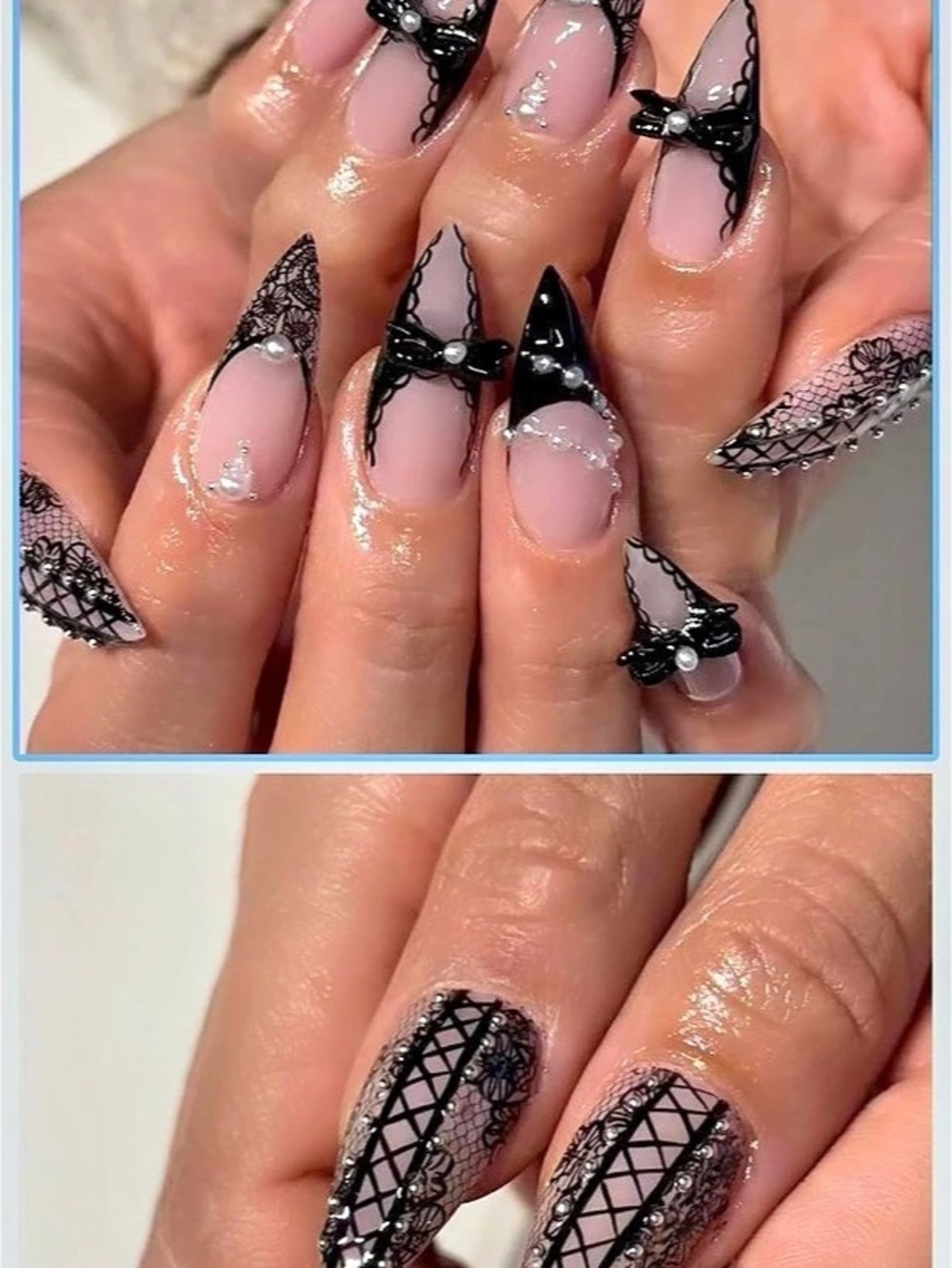 Almond Press on Nails Medium - Black French Tip Goth Gyaru Fake Acrylic Nails
